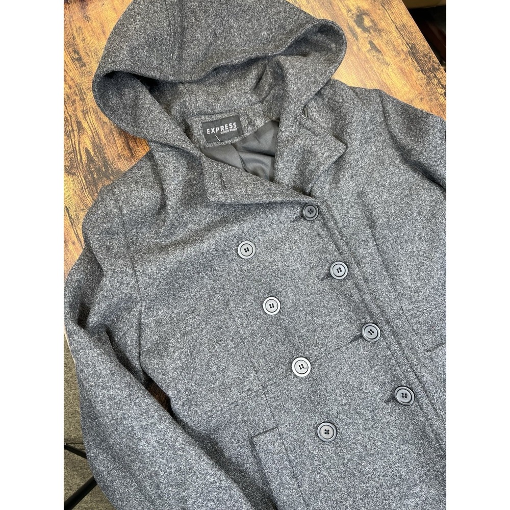 Express Womens Gray Wool Blend Hooded Pea Coat Jacket Size Large? No Tag See Pic